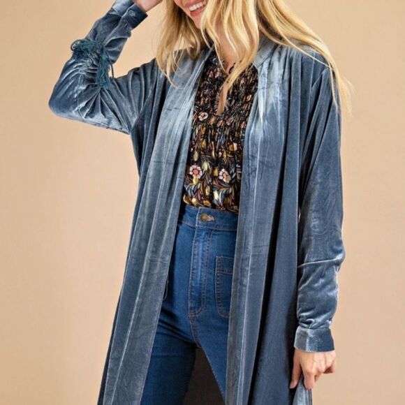 Dark Teal Velvet Boho Lace Up Tassel Sleeve Belted Open Cardigan Jacket - Picture 12 of 16